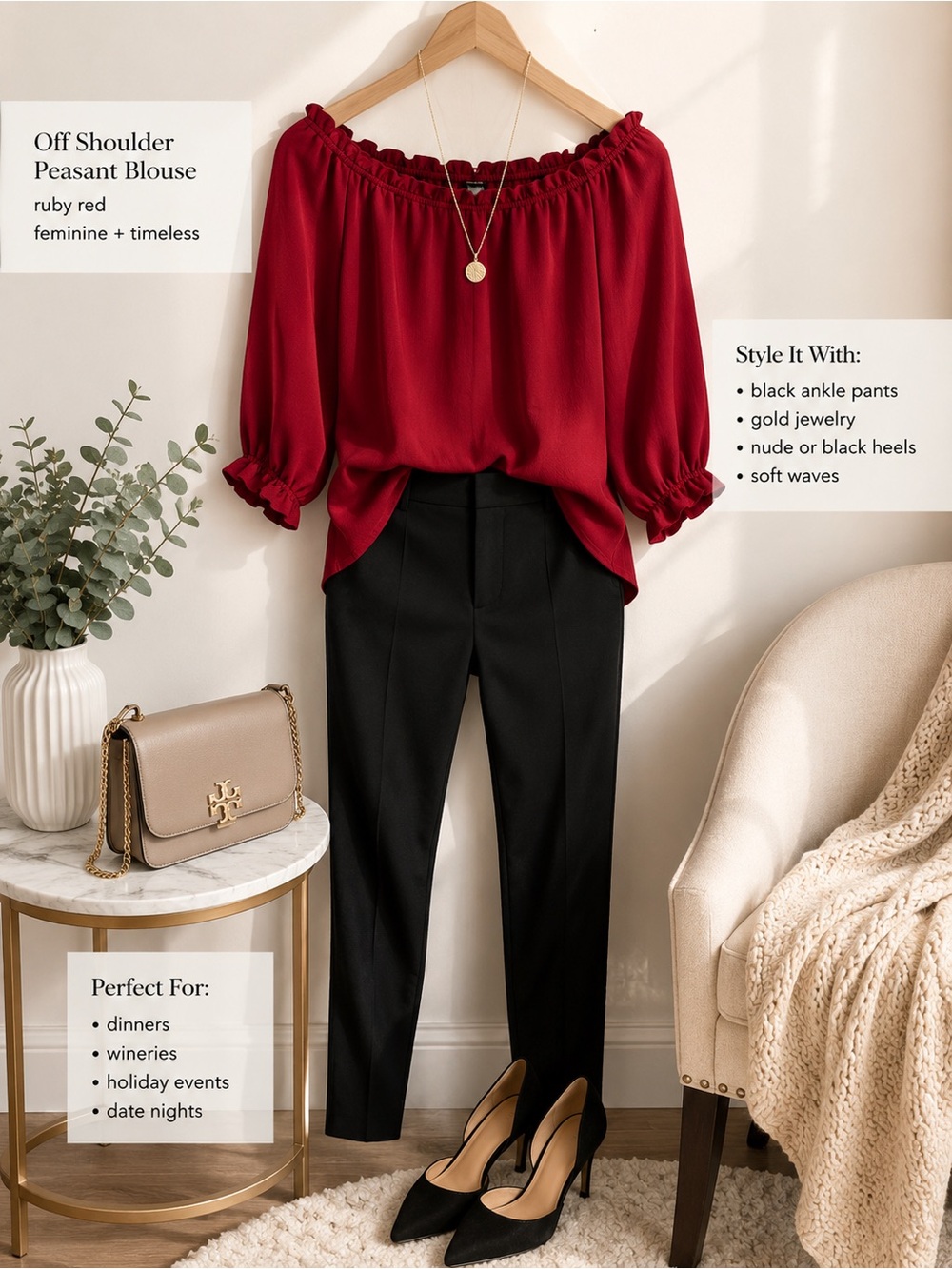 Ruby Red Off Shoulder Peasant Blouse | Boutique Romantic Top